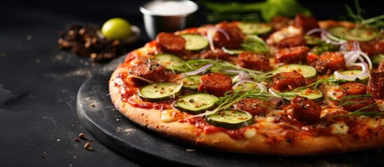 Poster - Tasty Italian BBQ pizza with smoked sausages, chicken, and pickled cucumbers on a marble backdrop with copy space image.
