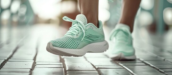 Poster - Close up image of stylish mint-colored running shoes, encouraging a daily running routine for a healthier lifestyle with copy space image.