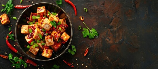 Poster - Ideal for various commercial purposes like recipes, articles, and menus, fried tofu with chili makes a delectable dish, enhancing your marketing materials with copy space image.