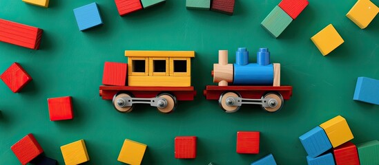 Poster - Wooden toy train surrounded by bright blocks on a vibrant green backdrop with copy space image.