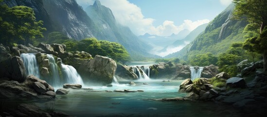 Poster - Mountain scenery with a tranquil small waterfall, providing a serene backdrop for a copy space image.