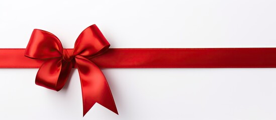 Top-down view of a red satin ribbon on a white background for a copy space image.