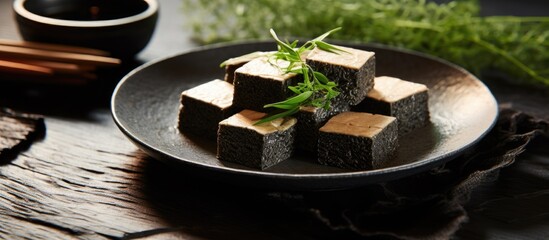 Aufkleber - Black sesame tofu displayed on glass plates with copy space image available.