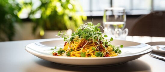 Poster - Close-up of Italian pasta with microgreens on a white plate with a copy space image in a restaurant setting.