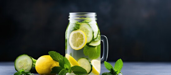 Poster - Homemade healthy lemonade with lemon, cucumber, and mint on a gray background with a polka dot napkin, creating a detox concept, with copy space image.