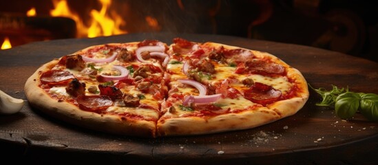 Poster - New York Style Pizza with marinara sauce, mozzarella, meats, veggies, baked in wood-fired oven, a beloved Italian favorite with a classic touch and copy space image.