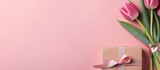 Poster - Banner with a group of pink tulips on a matching pink backdrop, featuring a card displaying 'HAPPY BIRTHDAY' along with a present, providing ample copy space image.