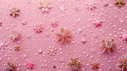 Canvas Print - Festive Christmas Decoration with Gold Pattern and Snowflakes on Pink Background