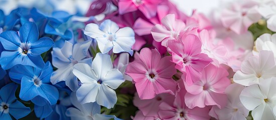 Poster - Blue, white, and pink phlox flowers in a bouquet with copy space image for wedding or greeting cards.