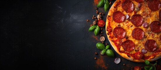 Poster - Top view of a delicious pepperoni pizza with fresh ingredients on a dark concrete surface, perfectly presented for text on a copy space image.