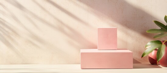 Aufkleber - Sunlight illuminates a concrete cube podium with shadow on a pink background, creating a minimalistic abstract shopping sales concept for cosmetic beauty brands products mock up, with copy space