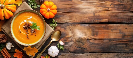 Aufkleber - Autumn-themed table setting with pumpkin carrot soup and ingredients, ideal for food and nutrition concepts. Cozy backdrop with copy space image, top view.