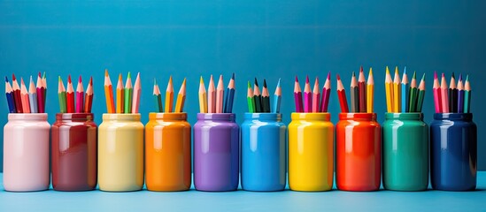 Poster - Colorful pencil holder with a set of pencils for drawing at school, promoting creativity with an arts and crafts, artistic education concept, ideal for children going back to school, appealing to