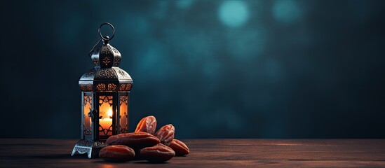 Fototapete - Ramadan-themed image with premium dates, Arabic lantern, and copy space for text. Concept: Islamic fasting month and Muslim cuisine.
