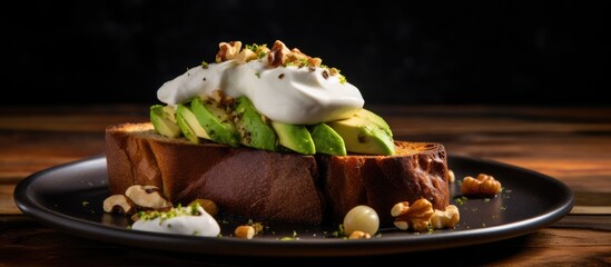 Aufkleber - French loaf slices topped with avocado, poached egg, and walnuts on a black lava plate on a wooden table with a warm tone background enhancing the copy space image.