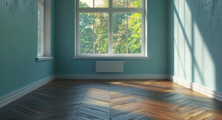 Poster - Moving Appliances. Interior of Empty Room with Wooden Parquet Floor and Window