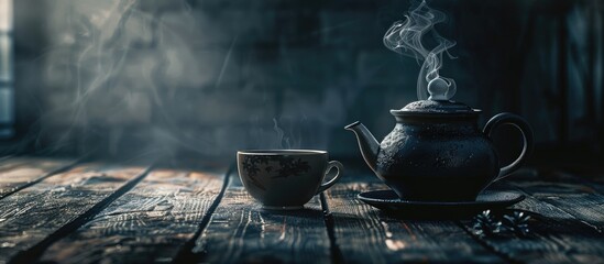 Aufkleber - Vintage style tea setup with a dark tea background featuring an Asian teapot, steaming tea mug on a table, allowing for a design in a copy space image.
