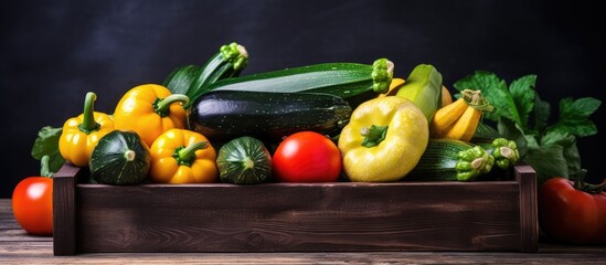 Poster - Colorful zucchinis in wooden crate on stone backdrop for cooking, with room for copy space image.