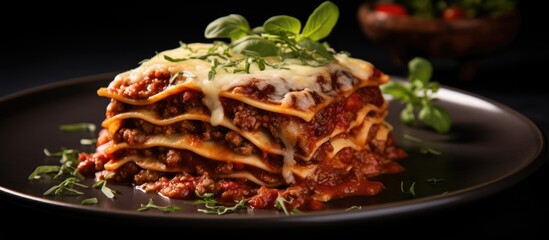 Fototapete - Italian food concept showcased in a close-up image of a classic meat lasagna with cheese on a gray plate, featuring ample space for further elements.