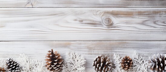 Aufkleber - White wooden table decorated with pine cones, creating a pure Christmas ambiance with copy space image.