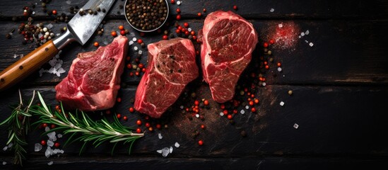 Aufkleber - A selection of seasoned raw beef steaks and grilling tools on a dark rustic board with copy space image.