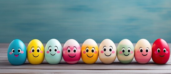 Poster - Colorful Easter eggs decorated with cute bunny faces, along with smiling egg characters symbolizing love, set against a copy space image for a festive and heartwarming Happy Easter concept.