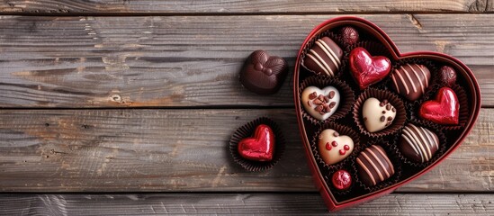 Poster - Valentine's Day-themed box of chocolates displayed on a wooden surface with a blank space for an image. with copy space image. Place for adding text or design