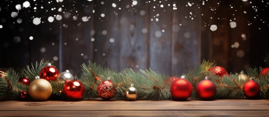 Wall Mural - Festive Christmas backdrop featuring garland, snow, and decorations on a wooden table with a Christmas tree branch, creating an ideal copy space image.