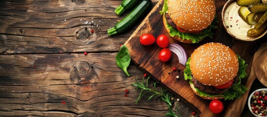 Aufkleber - Rustic wooden backdrop with a vegan zucchini burger, showcasing its ingredients, and available space for more images. with copy space image. Place for adding text or design