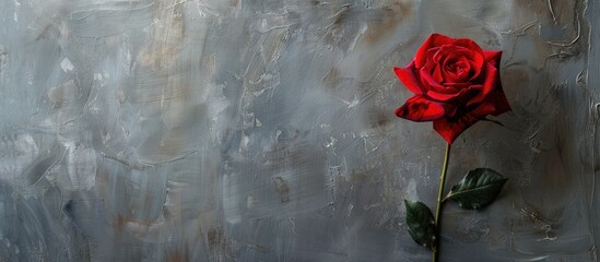 Wall Mural - A red rose captured in a close-up shot against a gray backdrop, providing ample copy space in the image.