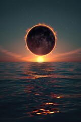 Wall Mural - Eclipse Night Scene: Full Solar Eclipse with Ocean View (Digital Art)