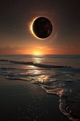 Wall Mural - Eclipse Night. Full Solar Eclipse Casting Twilight Over Ocean in Digital Art