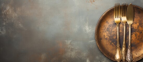 Food photography props: Pair of vintage bronze forks arranged on an antique oval plate against a concrete backdrop with copy space image.