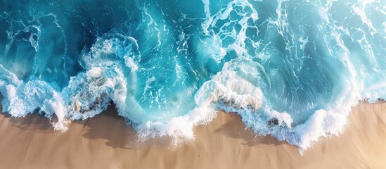Poster - Aerial perspective captures ocean wave crashing against beach with prominent copy space image.