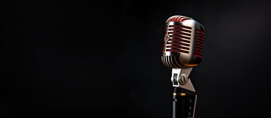Poster - Closeup of a contemporary microphone against a dark backdrop with copy space image.