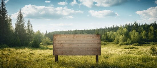 Aufkleber - Wooden signboard in a meadow with a cloudy sky and trees in the background, perfect for a copy space image.