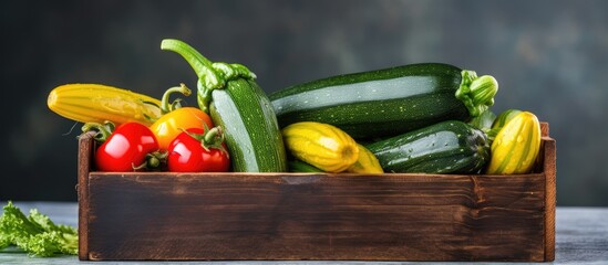 Poster - Colorful zucchinis in wooden crate on stone backdrop for cooking, with room for copy space image.
