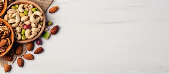 Aufkleber - Top view of a wooden bowl with assorted nuts on a white table, creating a healthy snack with walnuts, pistachios, almonds, and hazelnuts, in an image with space for writing. with copy space image
