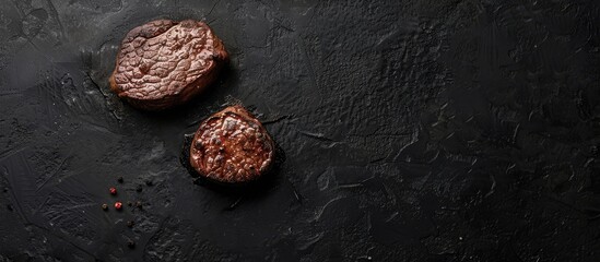 Fototapete - Top view of a grilled fillet mignon beef steak on a black background with ample copy space image.