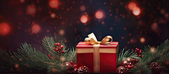 Poster - A Christmas gift box surrounded by conifer branches and glowing lights against a red backdrop with ample copy space image.