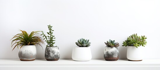 Poster - Elegant marbled succulent planters displayed with tiny plants on a white shelf against a white wall, with an available copy space image.