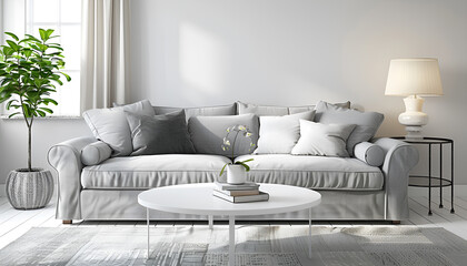 Wall Mural - Stylish living room with gray couch, white coffee table and lamp. Interior design