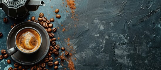 Aufkleber - An image featuring a cup of coffee, roasted beans, and a coffee pot as the main subject, with empty space for text or additional elements.