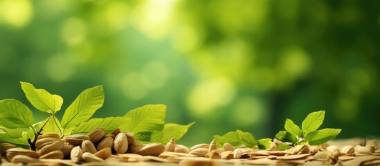 Aufkleber - Maple seeds and cork from trees in a park create a lush, green background with a soft texture for a copy space image.