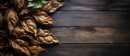 Poster - Black wooden background displaying raw tobacco with ample copy space image for text.
