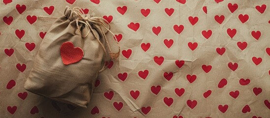 Poster - Sacks laid on a heart-patterned background with copy space image.