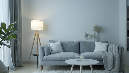 Wall Mural - Stylish living room with gray couch, white coffee table and lamp. Interior design