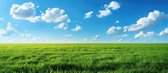 Poster - Scenic green field with fluffy clouds in a clear blue sky in the background of a copy space image.