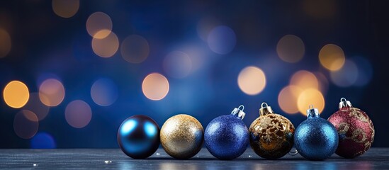 Poster - Colorful Christmas ornaments on a dark blue background with copy space image for text, featuring shiny lights and a blurred background with selective focus on the decorations.