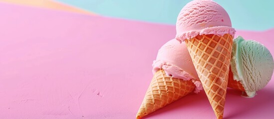 Poster - Bright background with pastel ice cream in waffle cones provides ample copy space image.